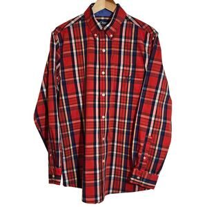 Chaps Button Down Plaid Shirt Long Sleeve Rustic Men's Size Medium Orange Blue
